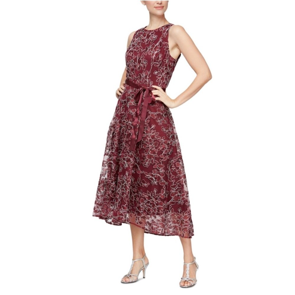 ALEX & EVE Floral Embroidered High-Low Lace Ribbon Belt Midi Dress Wine 16